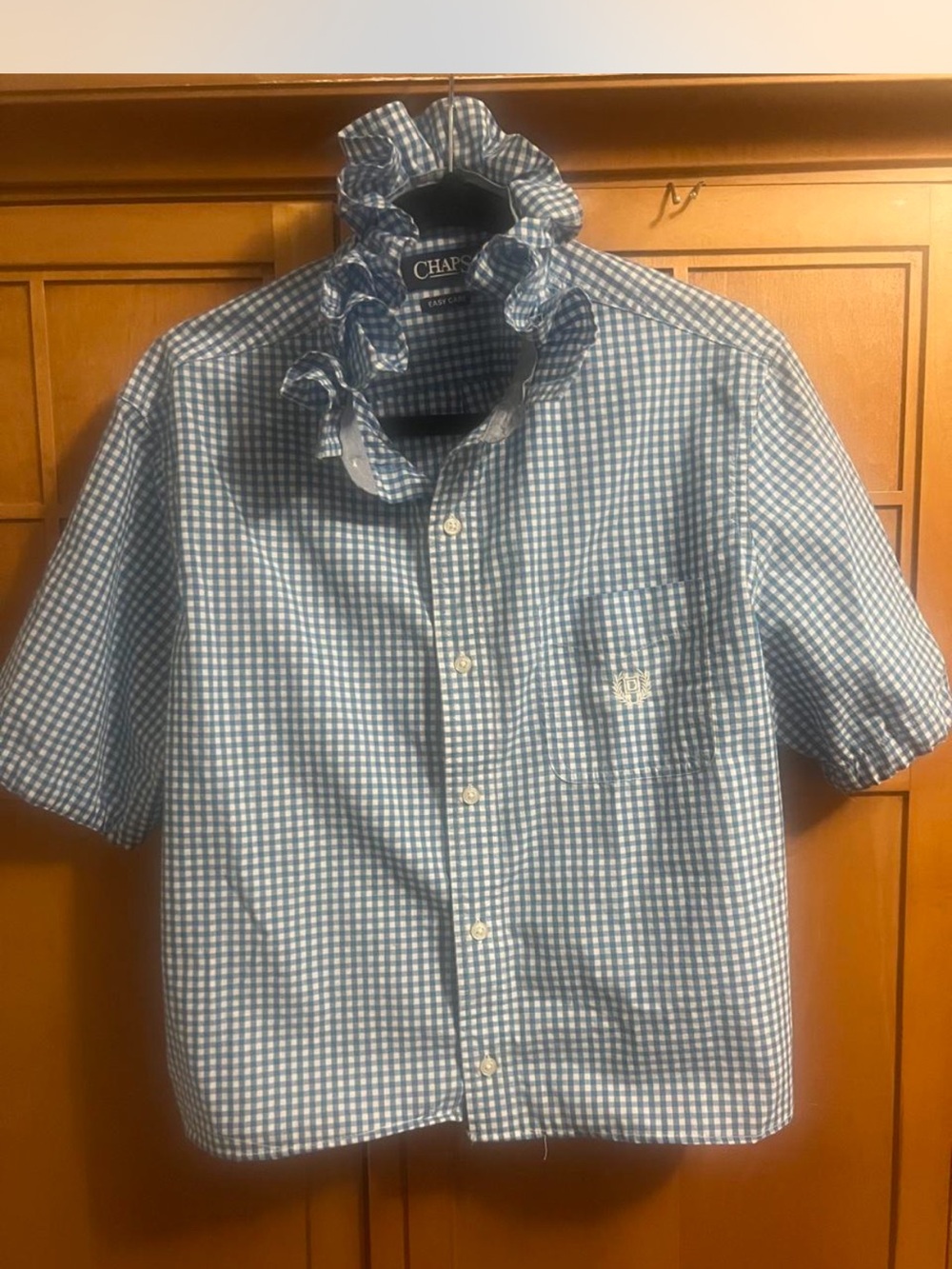Women’s blue and white gingham button down. Up-cycled